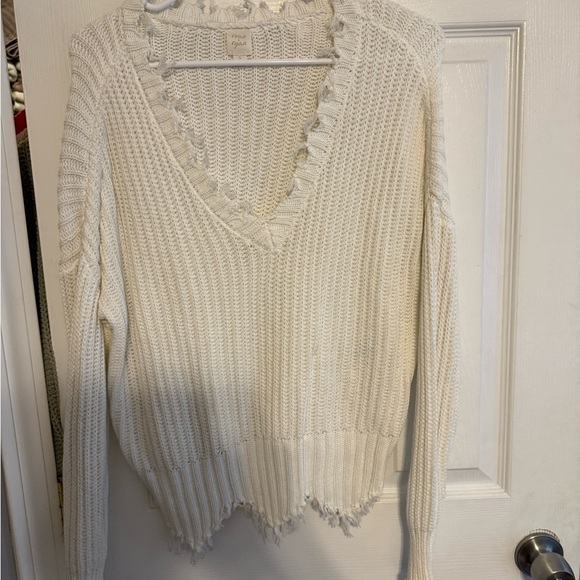 Distressed V-Neck Sweater in Cream - Picture 1 of 1